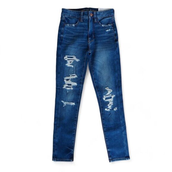 American Eagle Hi- Rise Jegging Crop Distressed Medium Wash Junior 00 - Picture 1 of 12